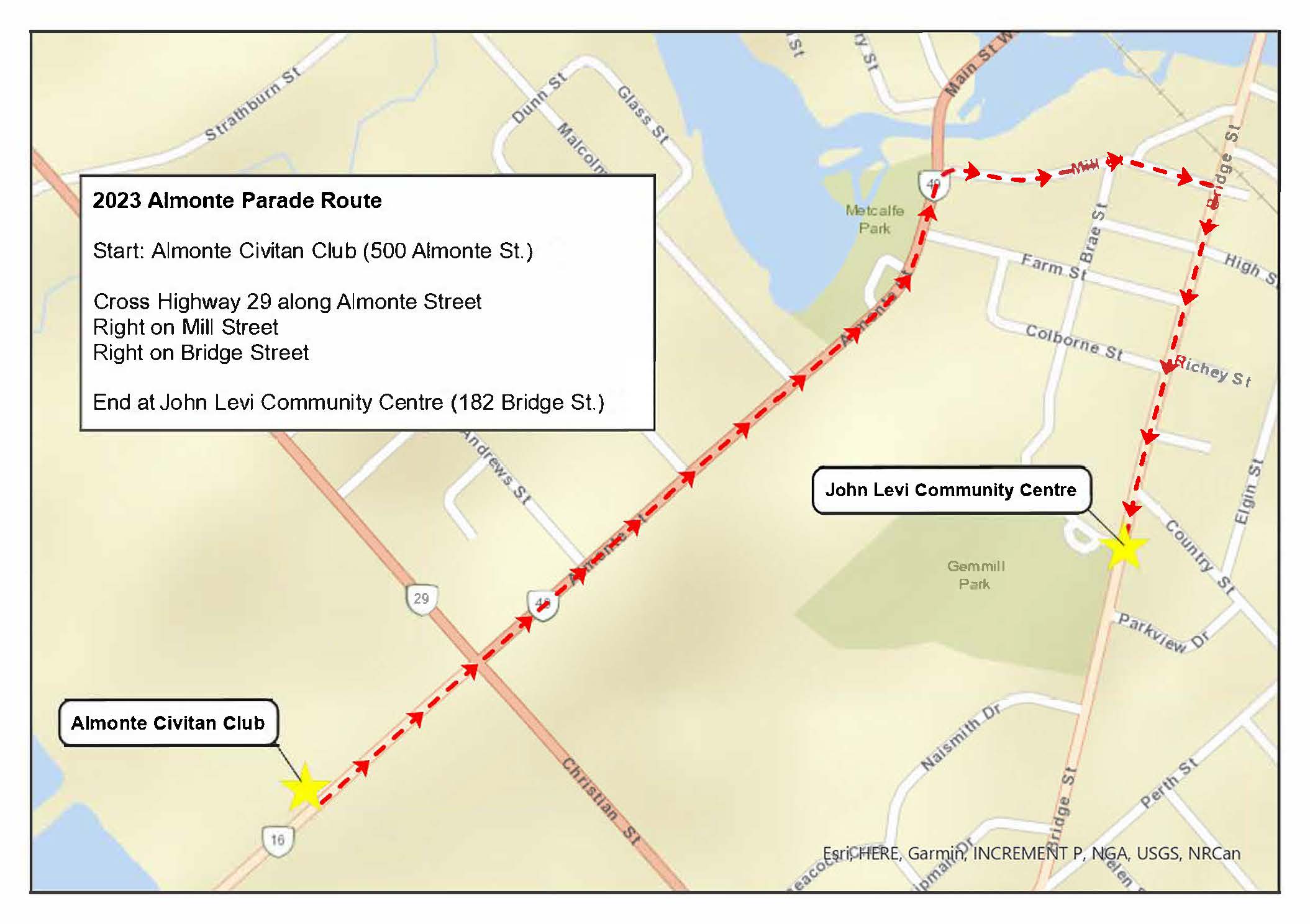 Map featuring parade route for 2023 Almonte Santa Claus Parade