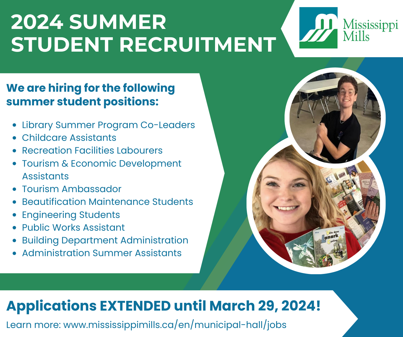Green, blue and white graphic with photos of summer students advertising 2024 summer student recruitment in Mississippi Mills 