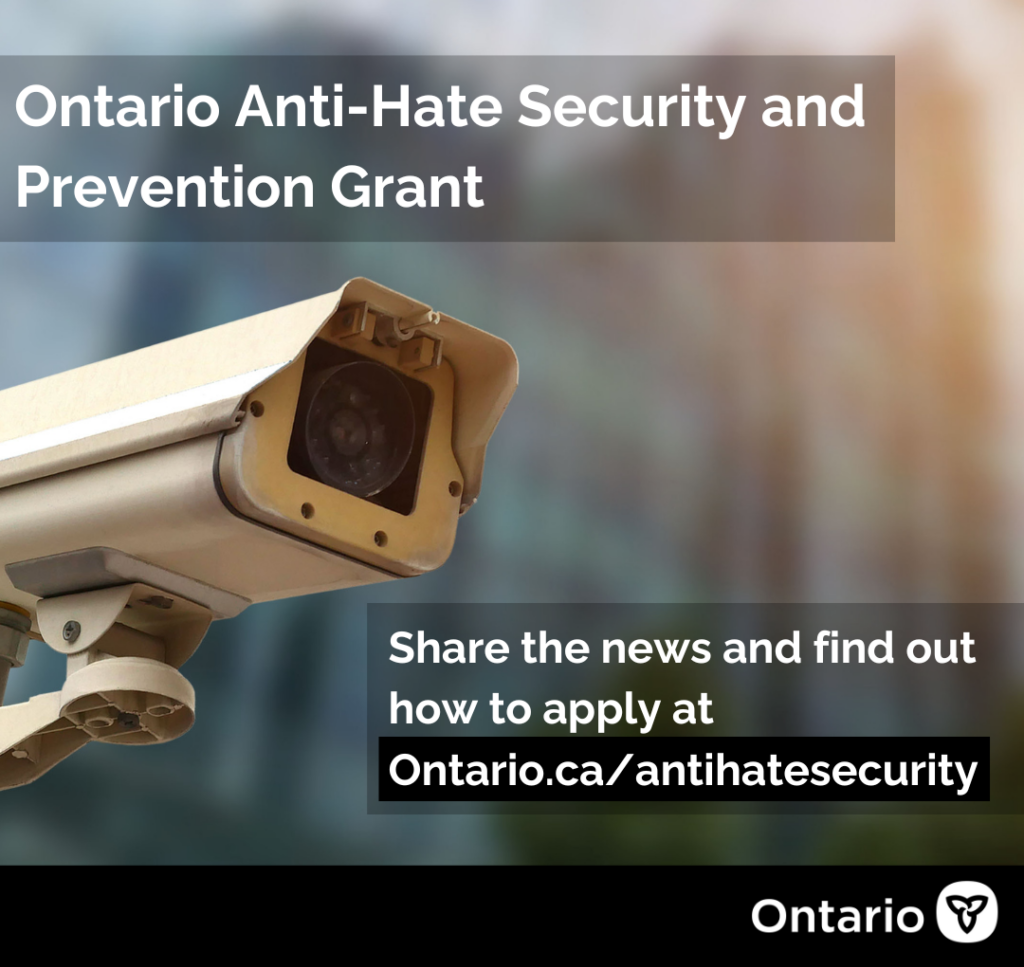 Image of a security camera with the text 'Anti-Hate and Security Prevention Grant'