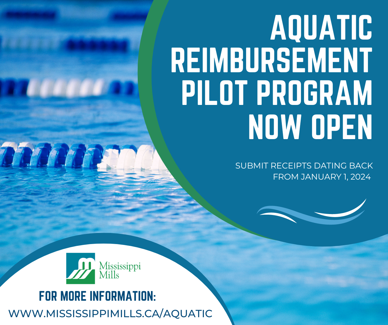 Green, blue and white graphic with photo of swimming pool and text 'Aquatic Reimbursement Pilot Program Now Open'