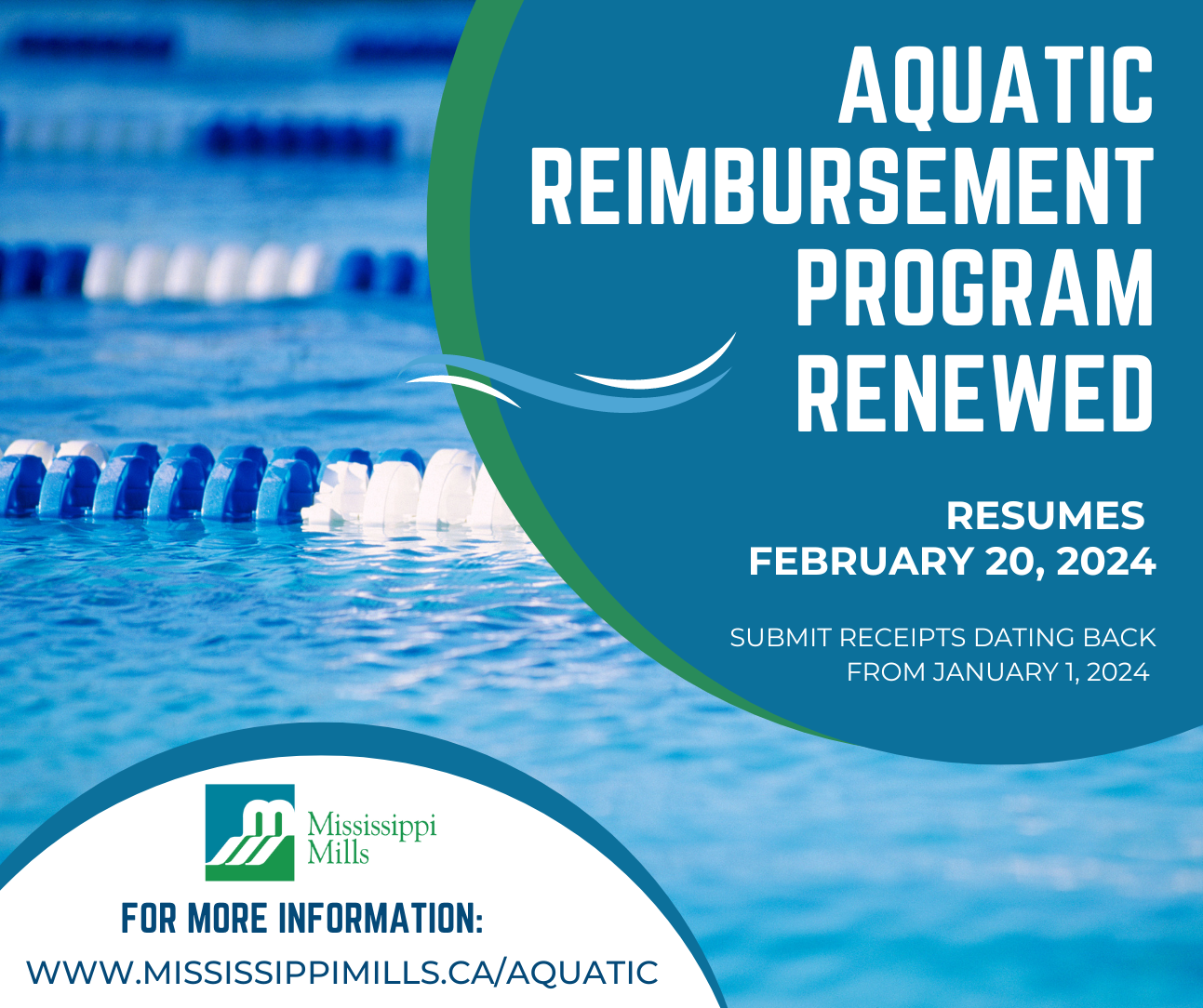 Blue, green and white graphic with photo of swimming pool and text 'Aquatic Reimbursement Program Resumes'