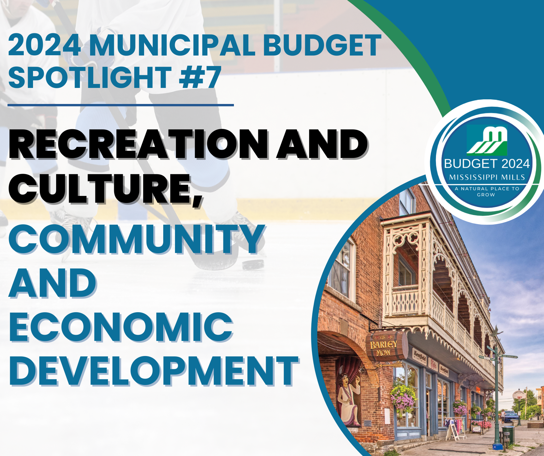 Black, blue and white graphic with a photo of historic brick building. Text reads 'Budget Spotlight #7: Recreation and Culture, Community and Economic Development.'