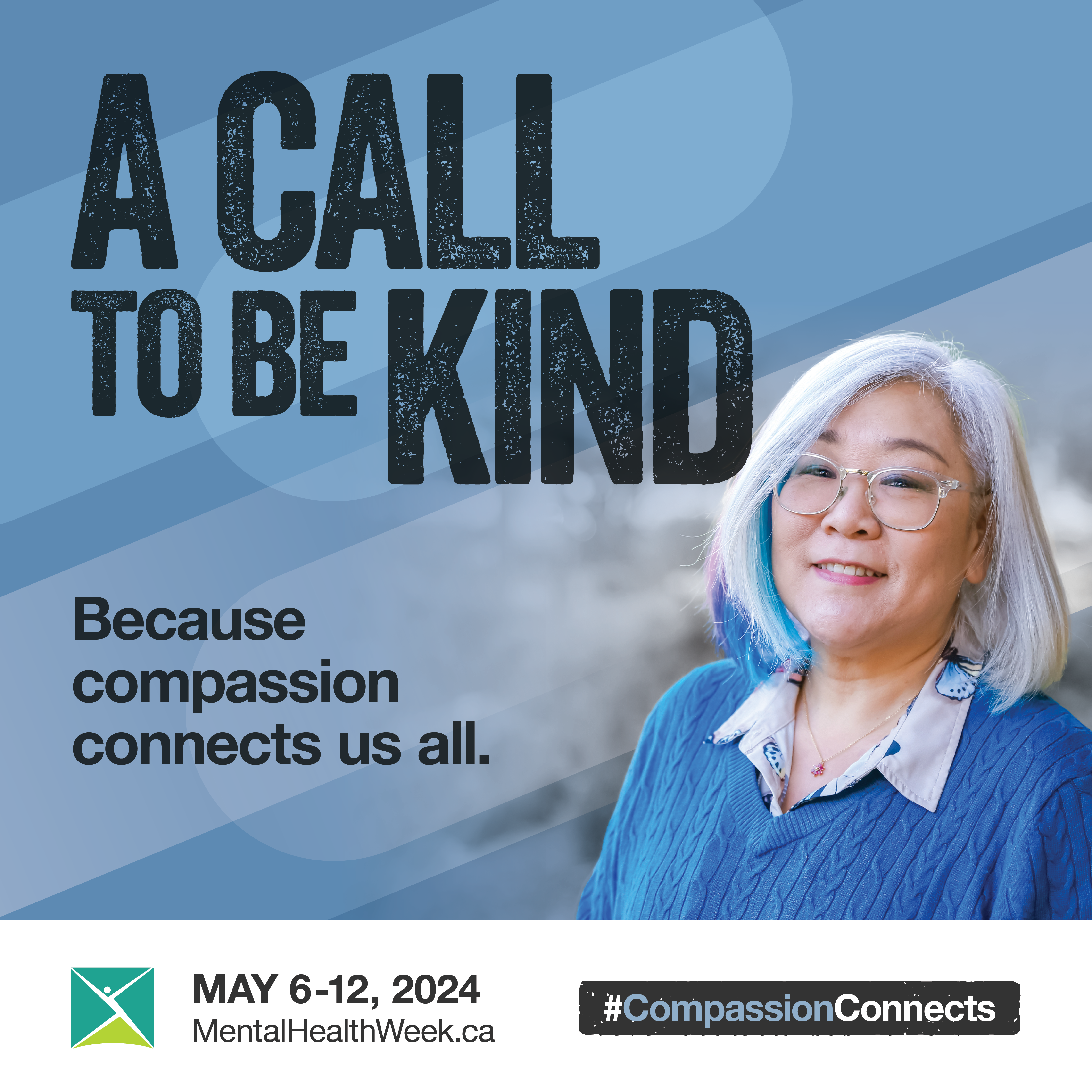 A woman with long grey hair wearing a blue sweater smiles at the camera. Text reads 'A Call to Be Kind'