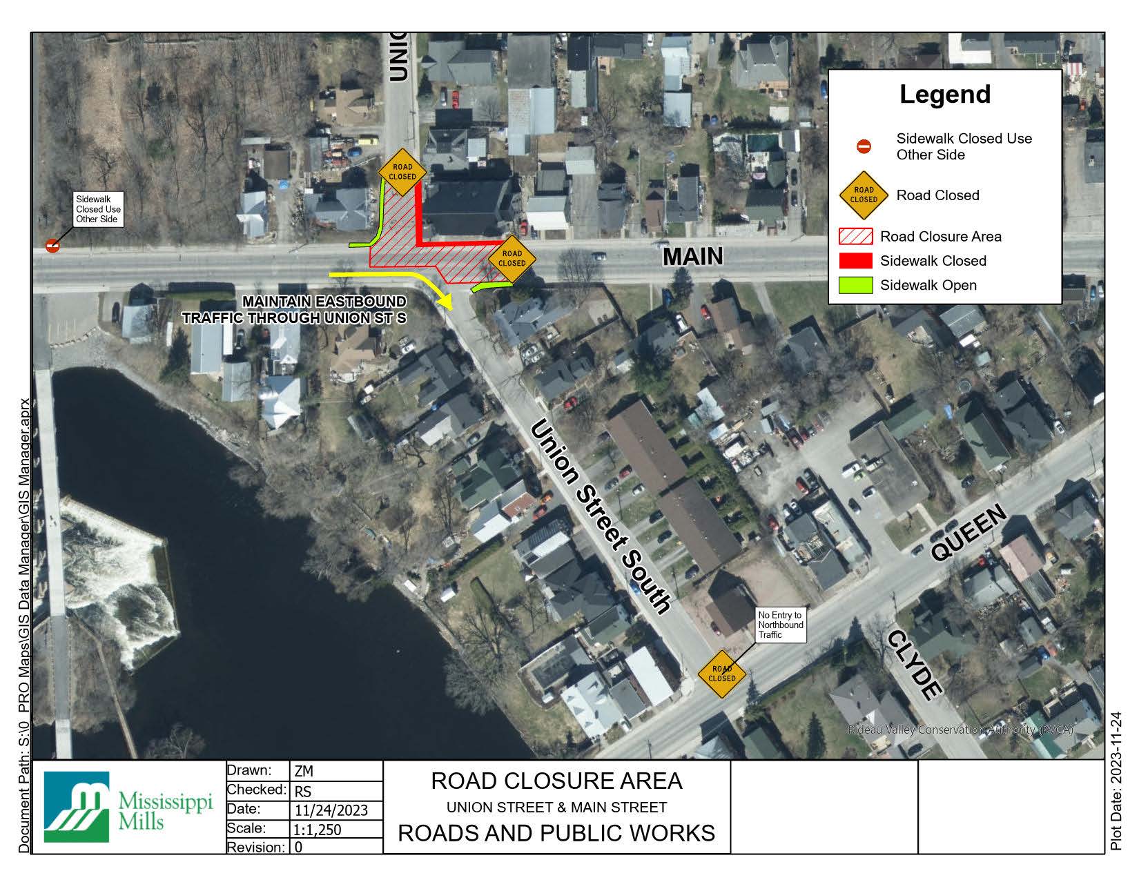 Satellite image showing road closure at Union Street and Main Street in Almonte