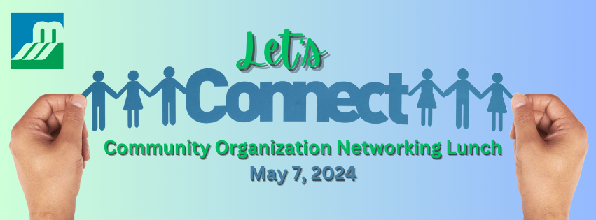 Blue and green graphic with text 'Community Networking Lunch'