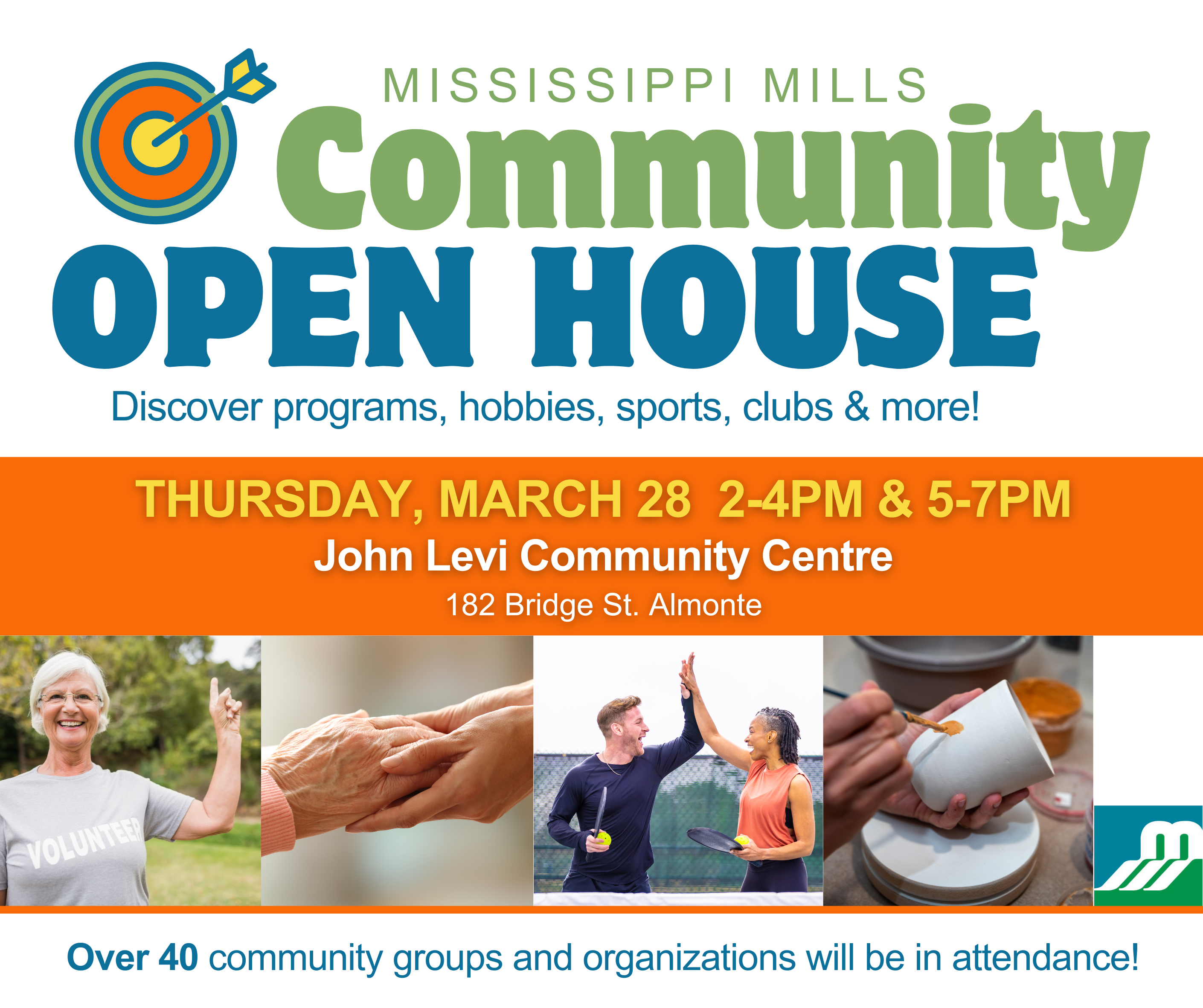 White, orange, blue and green graphic with the text 'Mississippi Mills Community Open House'