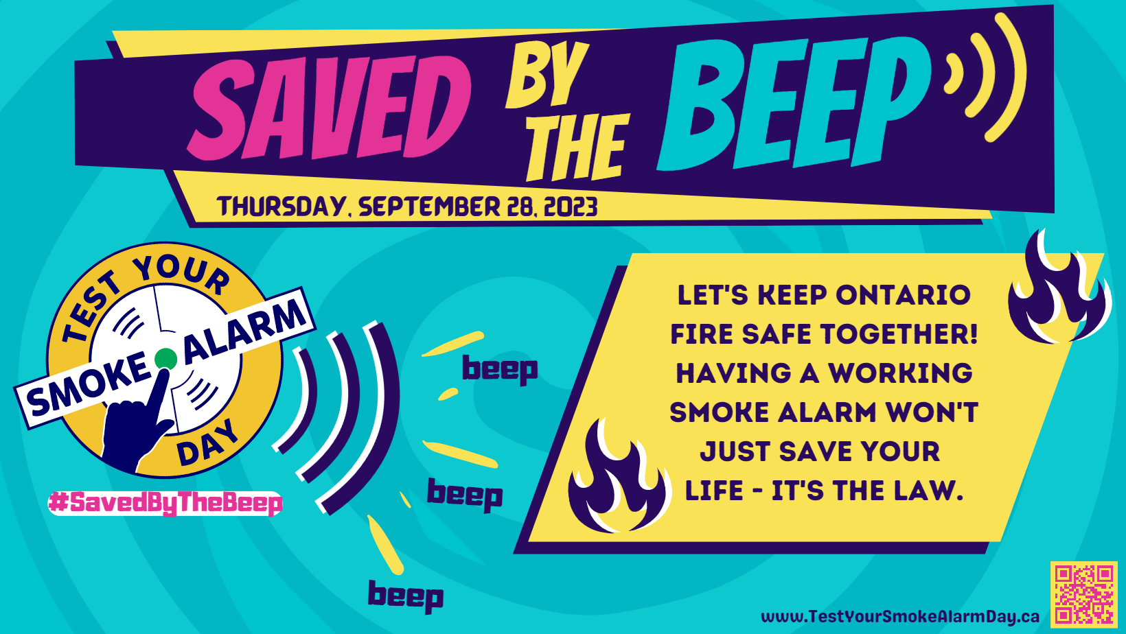 Blue graphic with yellow, black and pink lettering reading 'Saved By the Beep - Thursday, September 28'