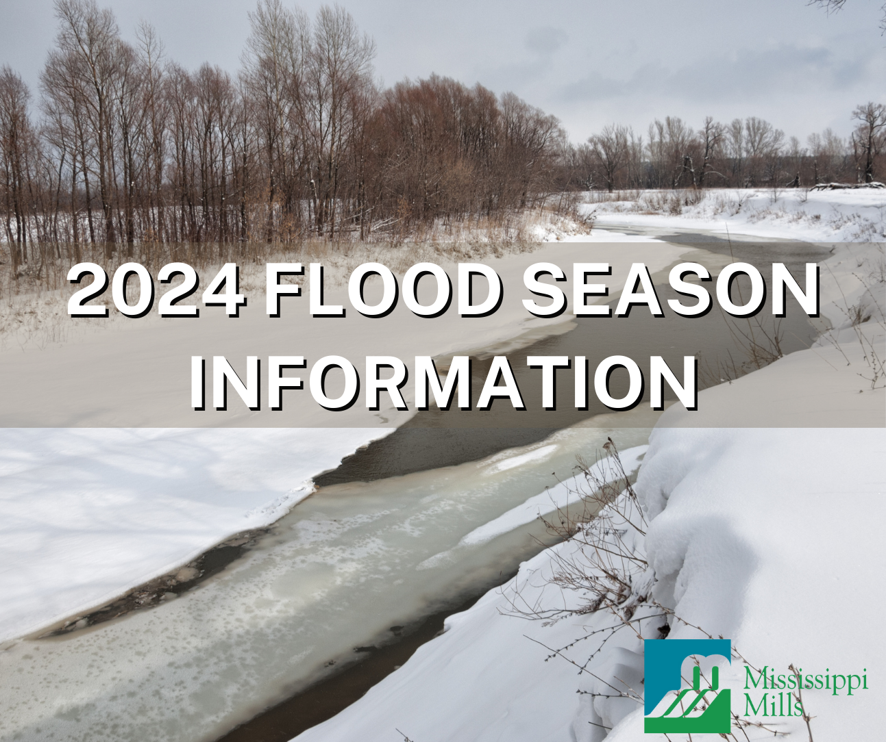 Photo of rushing water with text 'Flood Season Information'