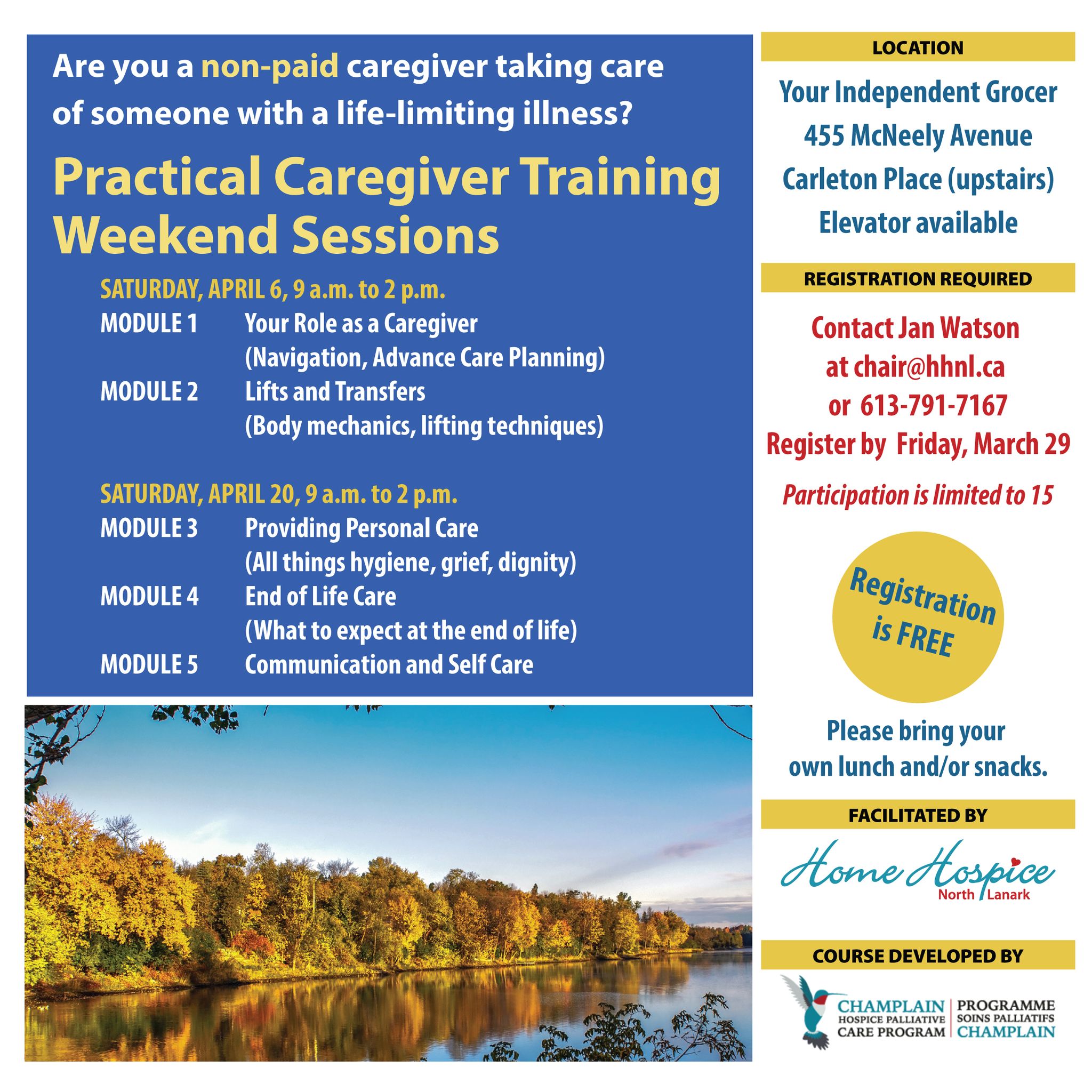 Poster advertising Home Hospice North Lanark practical caregiver training sessions