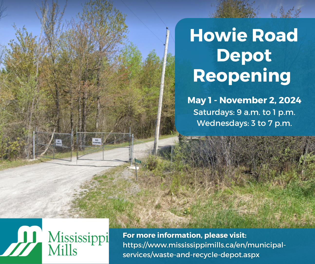 Graphic featuring a photo of a gated waste and recycle depot with the text 'Howie Road Depot Reopening'