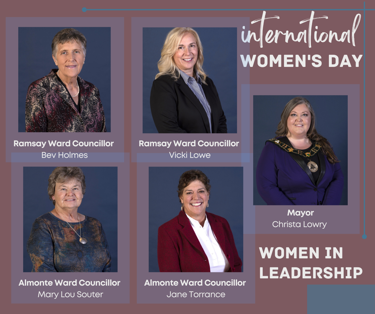 Graphic featuring five photos of women on Mississippi Mills Council with the text 'International Women's Day Women in Leadership'