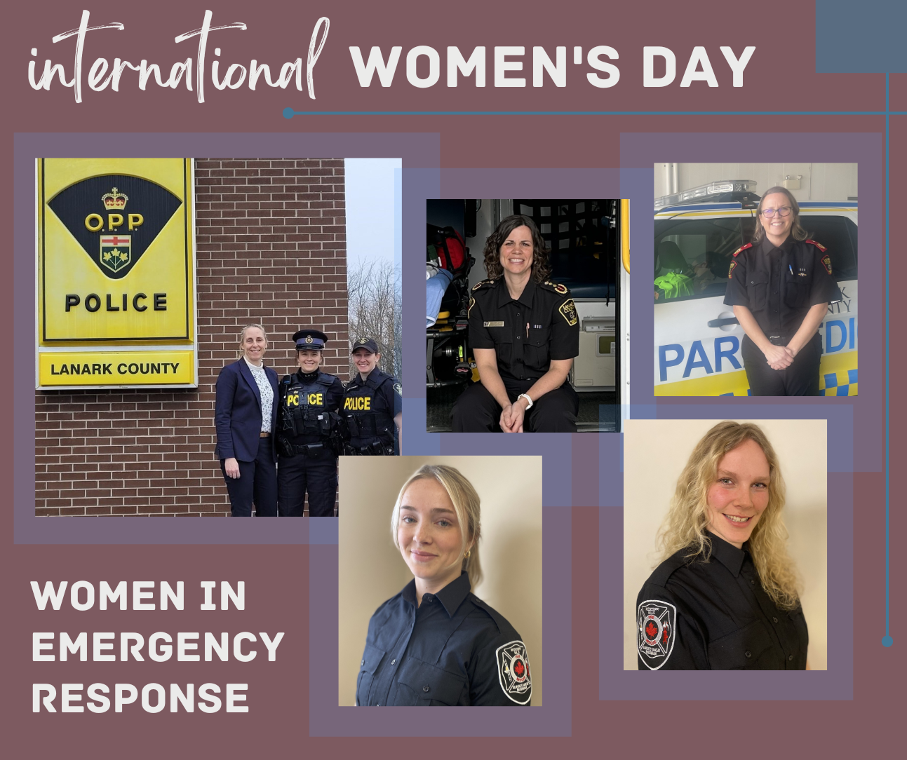Purple and rose graphic featuring a collage of five photos of women in emergency response roles for International Women's Day