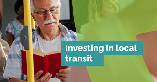 Graphic featuring image of older man with white hair and mustache reading on a bus
