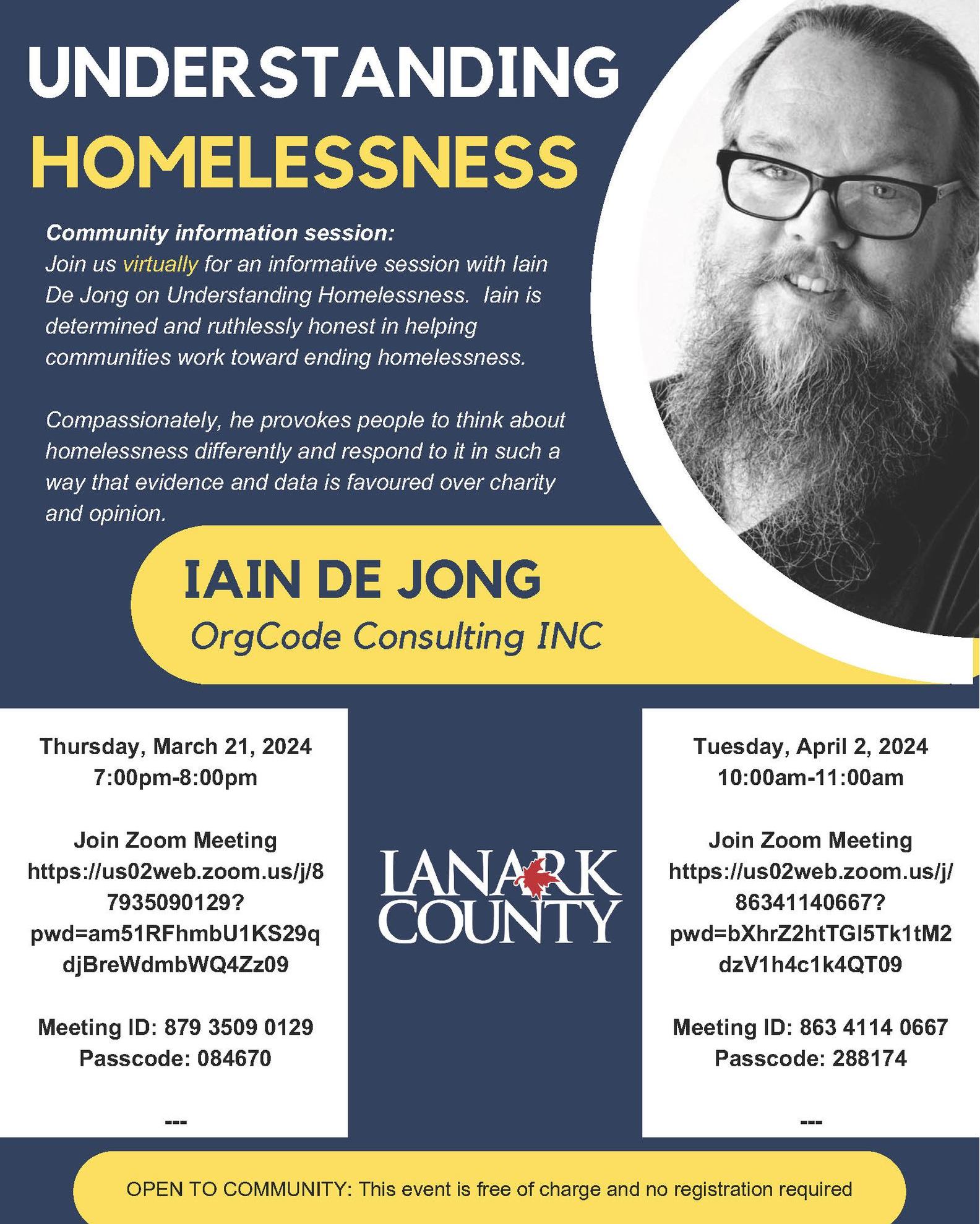 Poster advertising free virtual public education sessions on homelessness featuring a black and white headshot of a man
