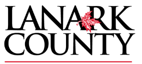 Black, white and red graphic with the text 'Lanark County' and a red maple leaf