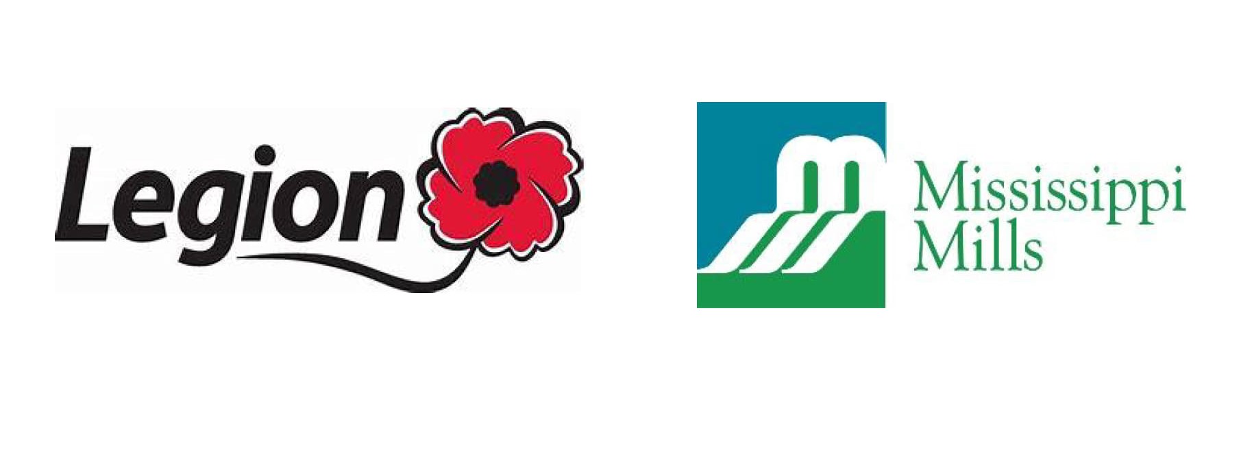 Royal Canadian Legion logo with red poppy and Municipality of Mississippi Mills logo in green and blue