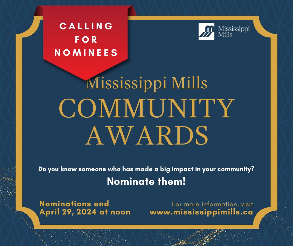 Navy and gold graphic with gold lettering reading 'Mississippi Mills Community Awards'