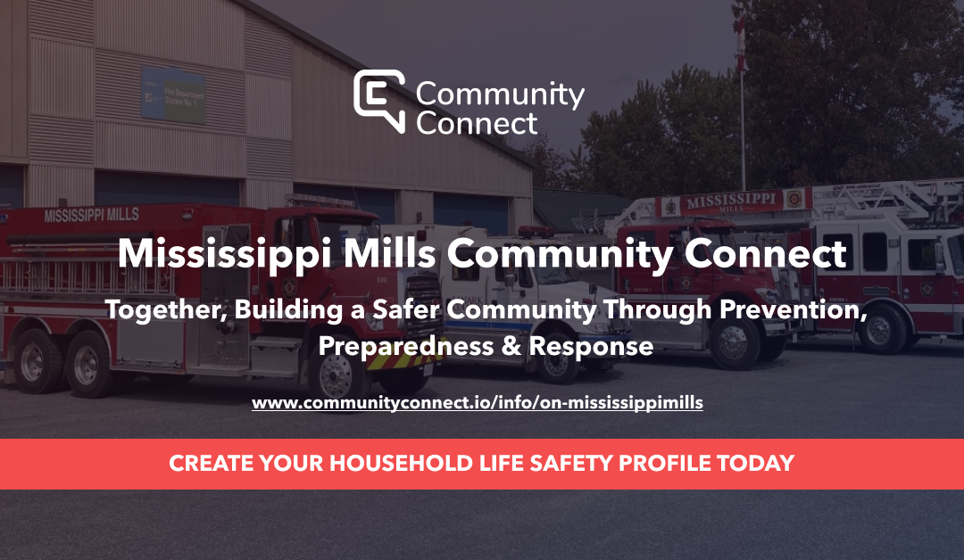 Graphic with photo of fire trucks in background and the text 'Mississippi Mills Community Connect'