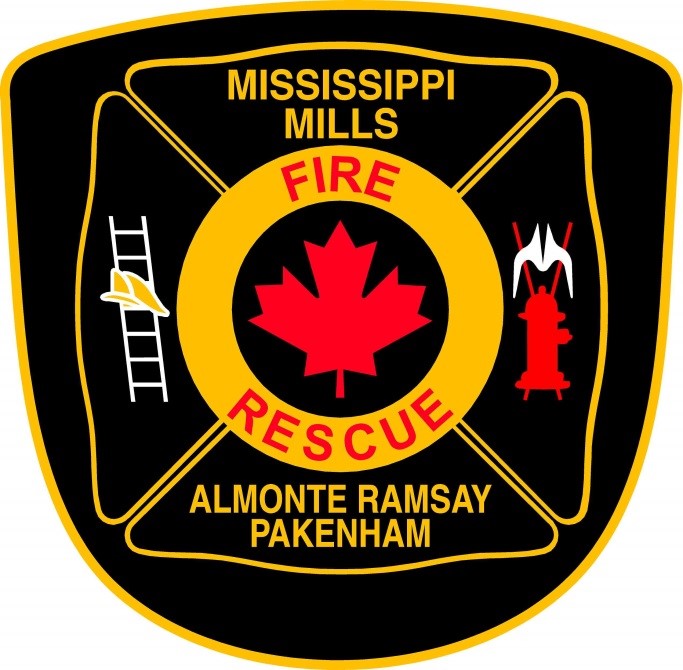 Gold, black and red logo featuring the words 'Mississippi Mills Fire Department'
