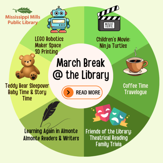 Graphic showing March Break activities at Mississippi Mills Public Library
