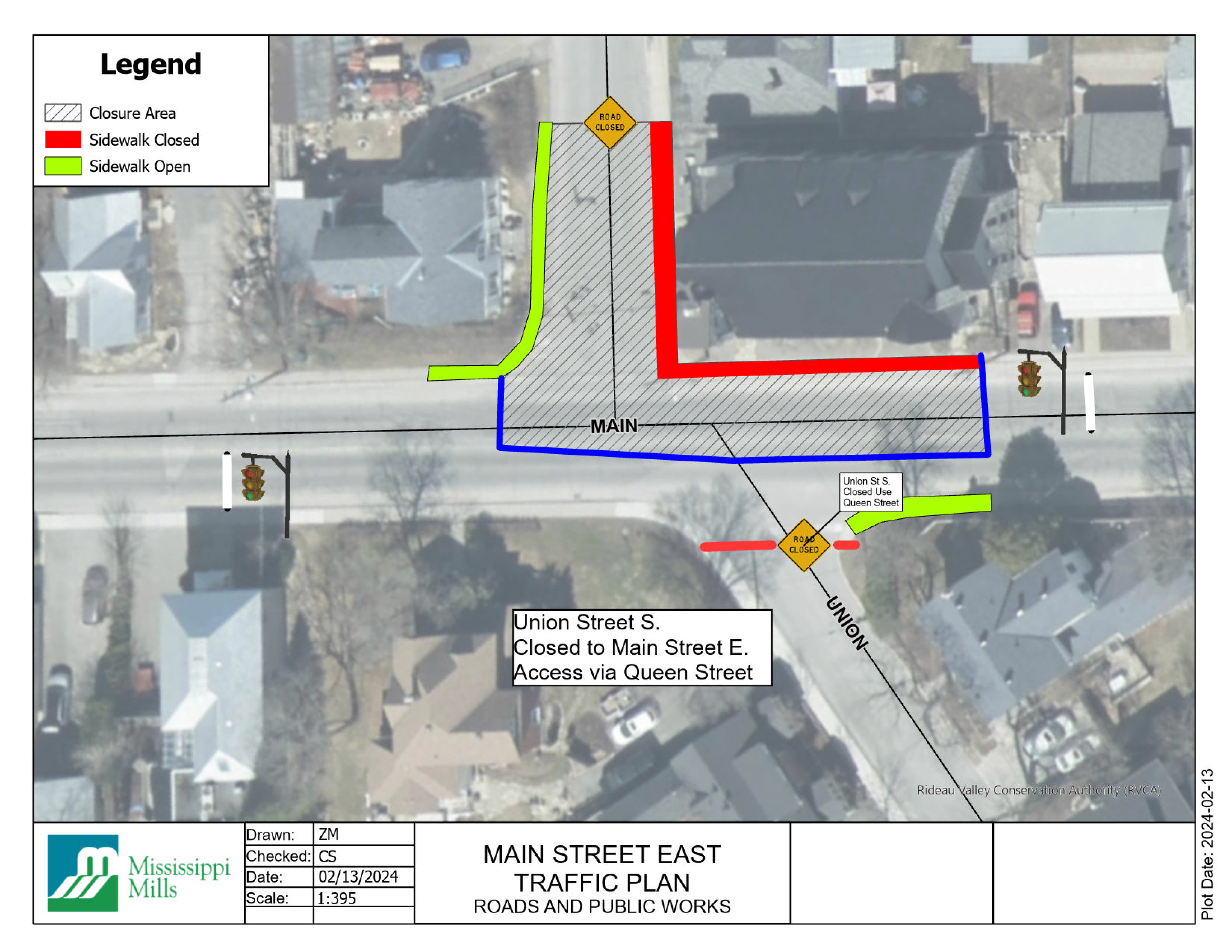 Aerial map showing temporary road closure on Main Street in Almonte