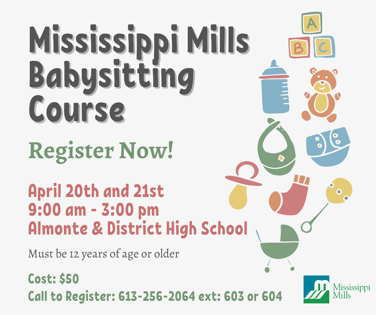 Graphic advertising Mississippi Mills Babysitting Course April 20 and 21, 2024