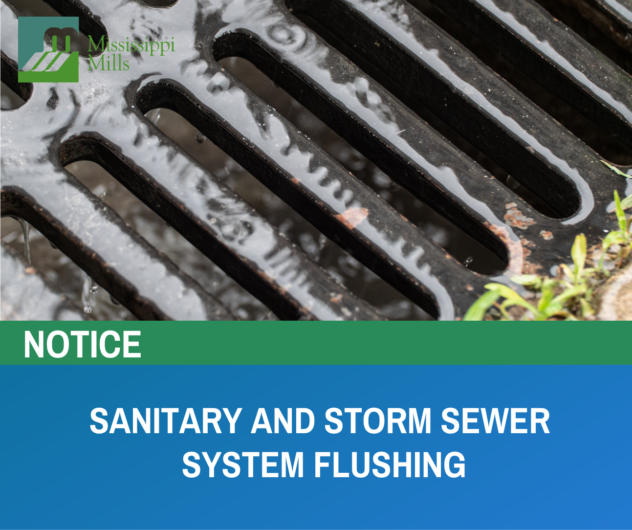 Green and blue graphic with photo of a storm drain and text 'Notice: Sanitary and Stormwater System Flushing'