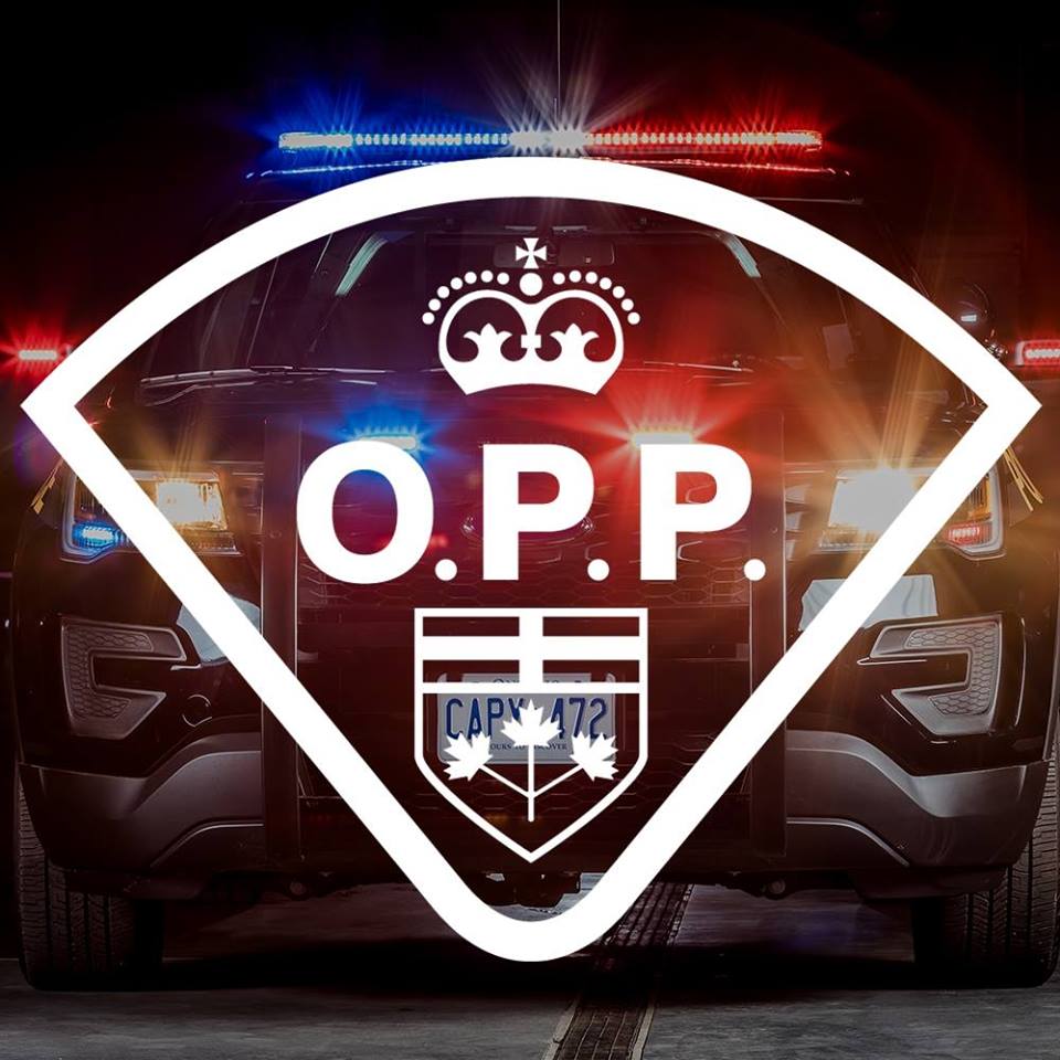 Ontario Provincial Police logo with a police car and flashing lights in the background