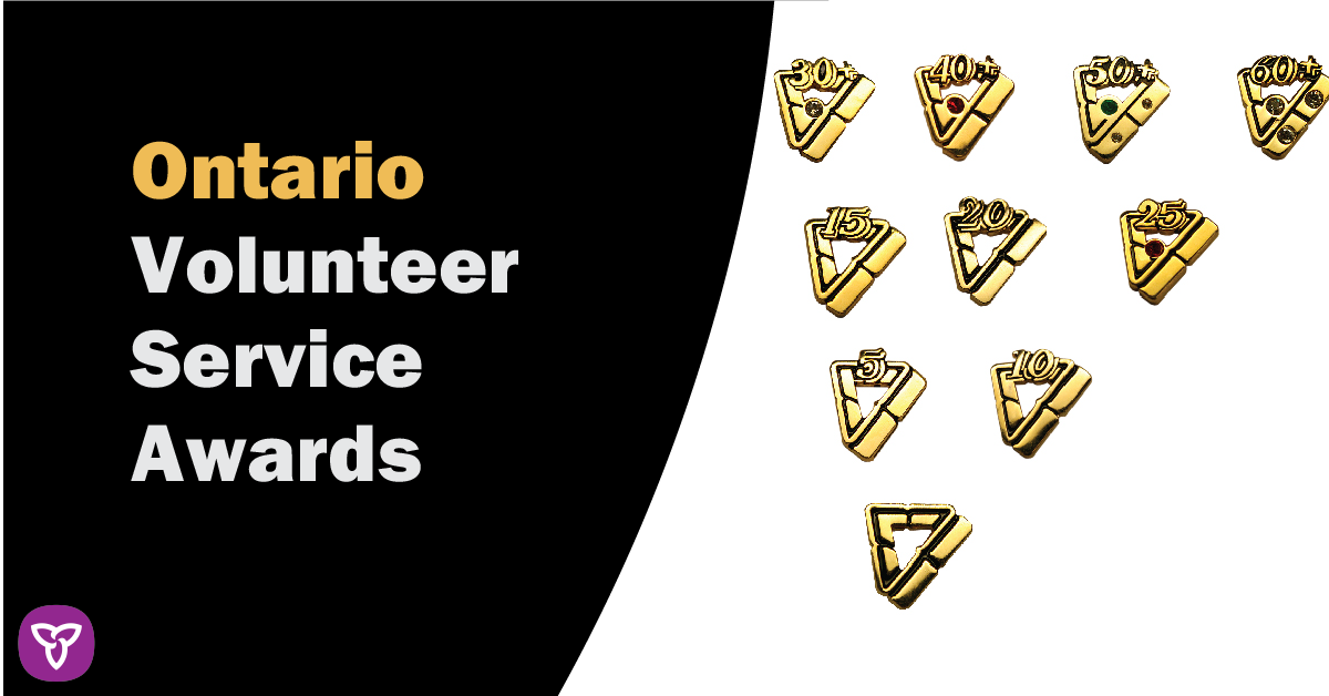 Black, gold and white graphic showing gold pins with the text 'Ontario Volunteer Service Awards'