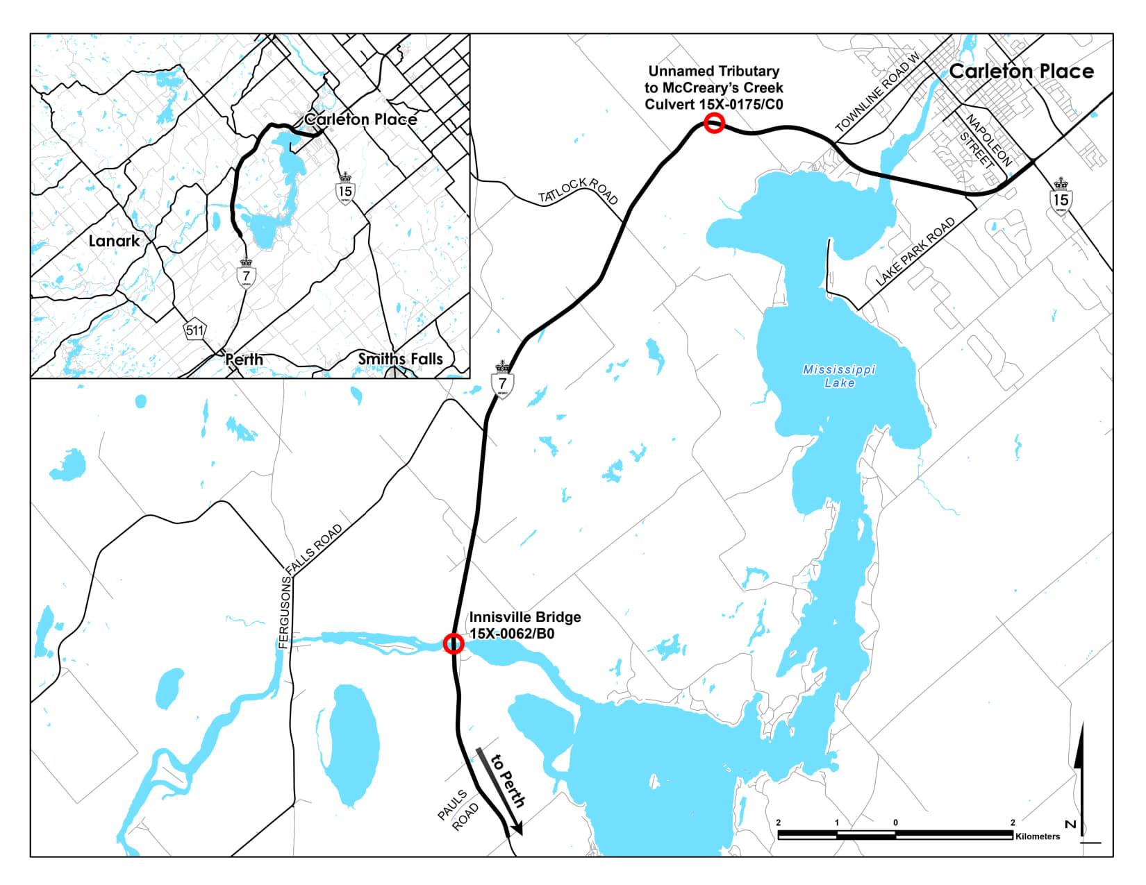 Map showing rehabilitation project area for Highway 7 in Lanark County