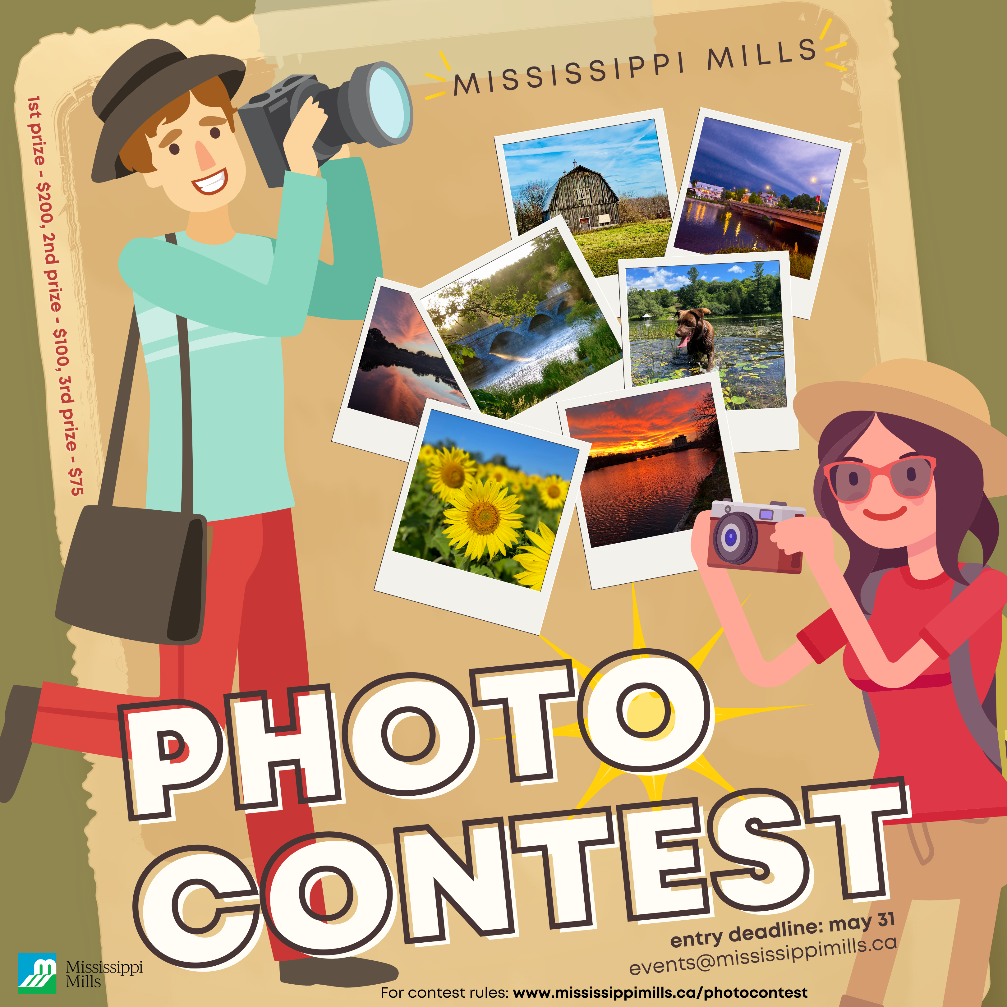 Graphic with animated man and woman holding cameras with text 'Photo Contest'