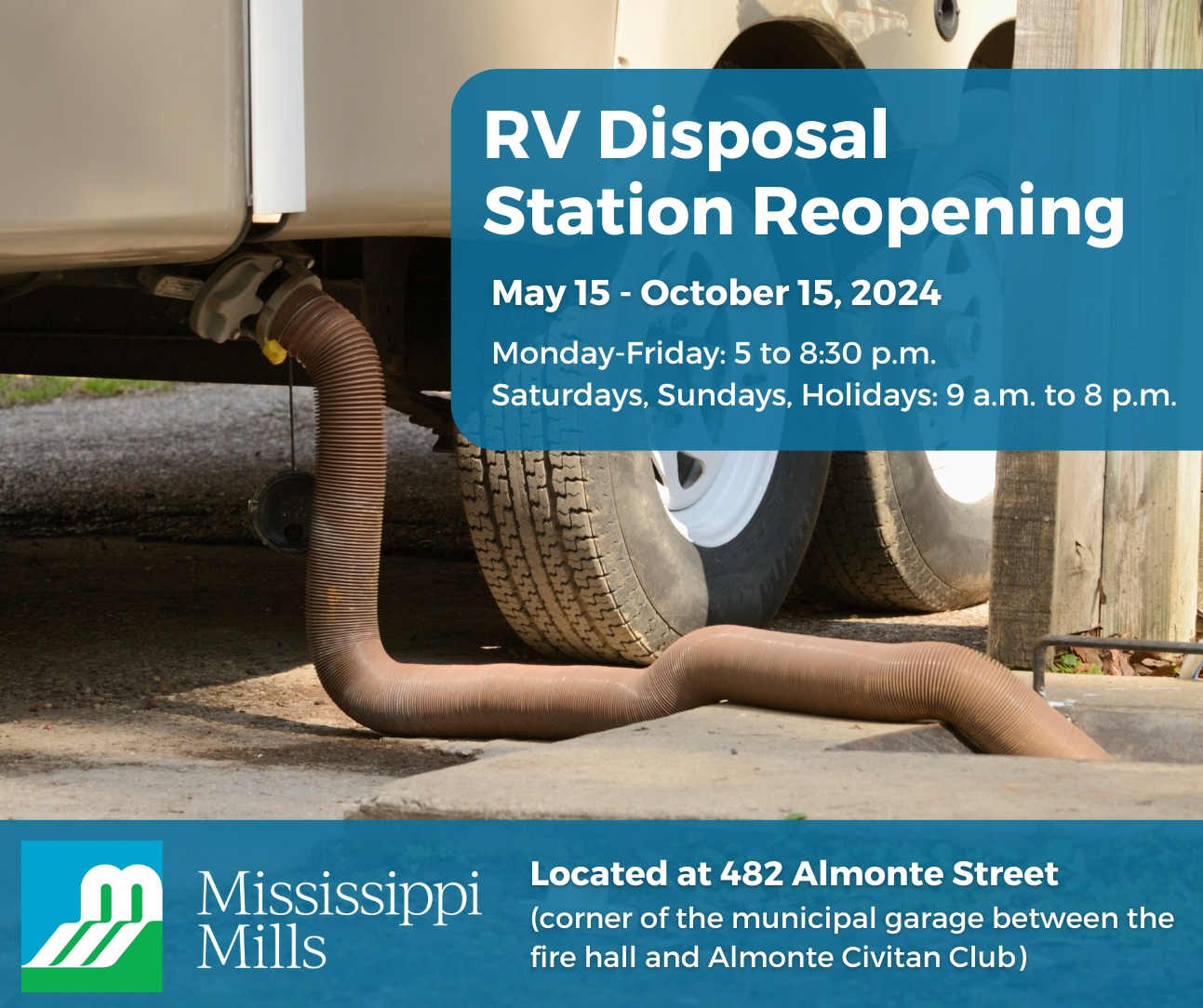 Blue graphic with white lettering reading 'RV Disposal Station Reopening' and a photo of a recreation vehicle's holding tank being pumped