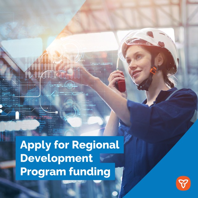Blue graphic featuring text 'Regional Development Program' and a photo of a woman with a helmet talking into a walkie talkie