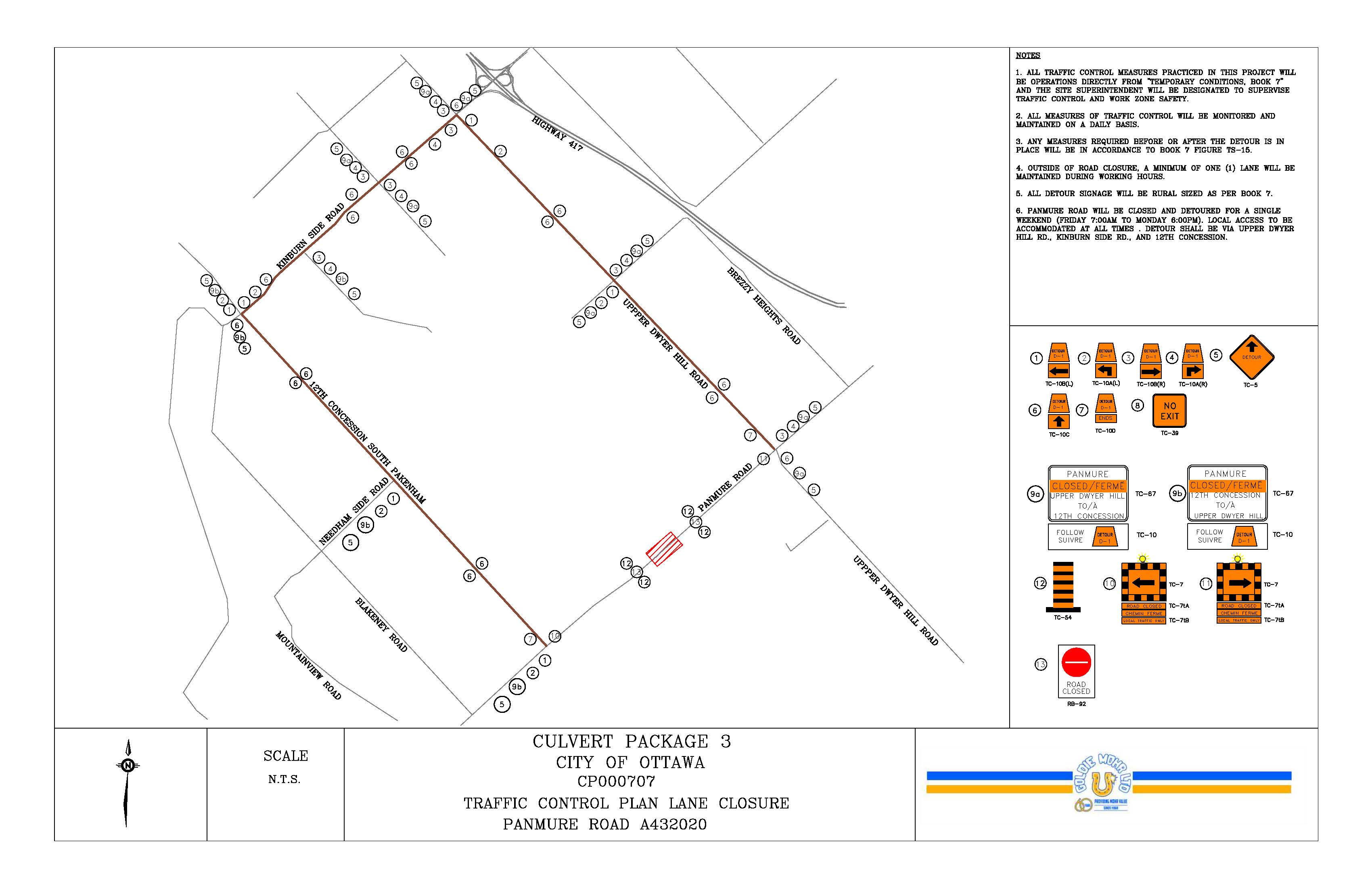 Map showing Panmure Road closures for culvert replacement