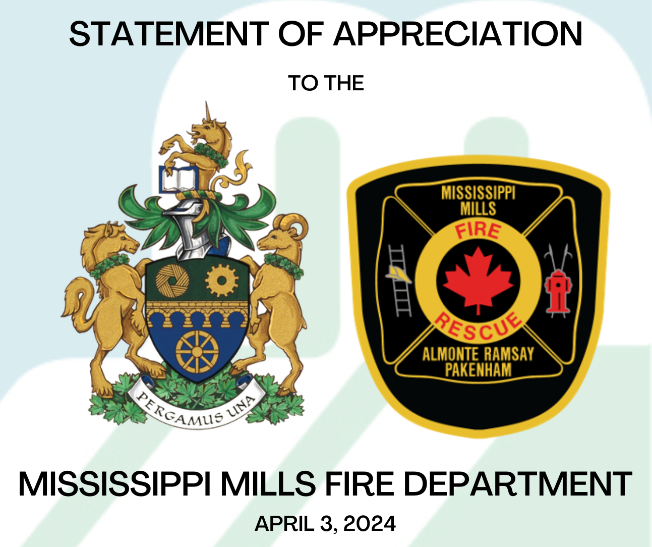 Graphic featuring Mississippi Mills Coat of Arms and red, gold and black Mississippi Mills Fire Department crest and the text 'Statement of Appreciation'