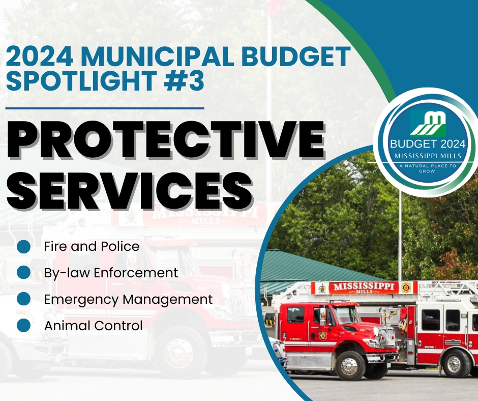 White, black and blue graphic with photo of red fire truck. Black lettering reads 'Budget Spotlight 3 - Protective Services'