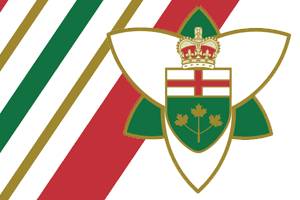 White, red, green and gold graphic reading 'The Order of Ontario'