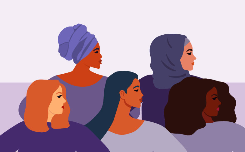 Graphic with purple background featuring five women of different cultures