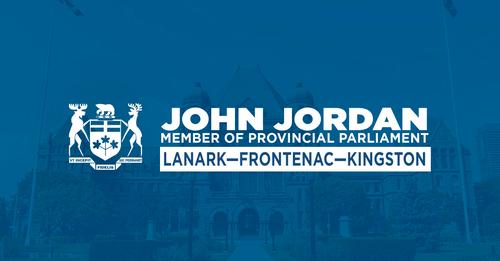 Graphic with dark blue background and white text reading 'John Jordan, MPP for Lanark-Frontenac-Kingston'