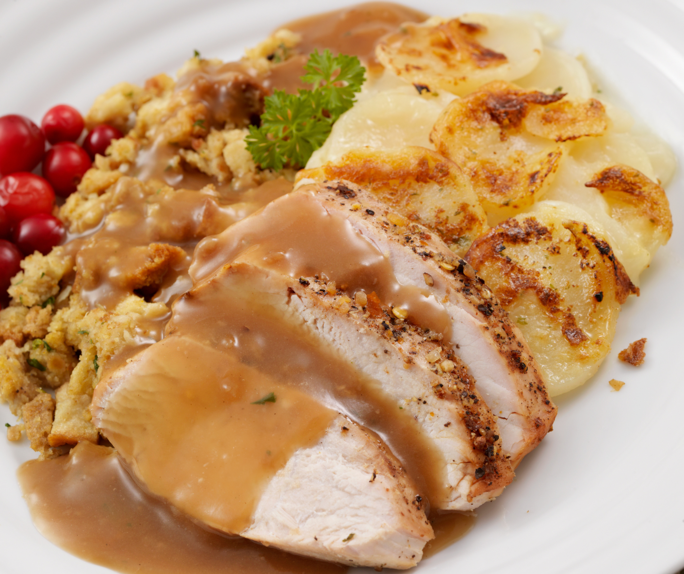 Dinner plate with turkey, stuffing, gravy.