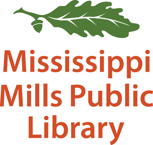 Orange and green graphic with text reading 'Mississippi Mills Public Library'
