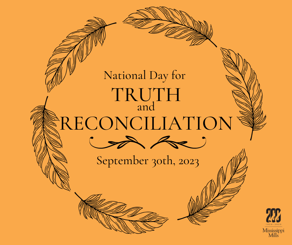 Orange graphic featuring black feathers and black text reading 'National Day for Truth and Reconciliation September 30, 2023'