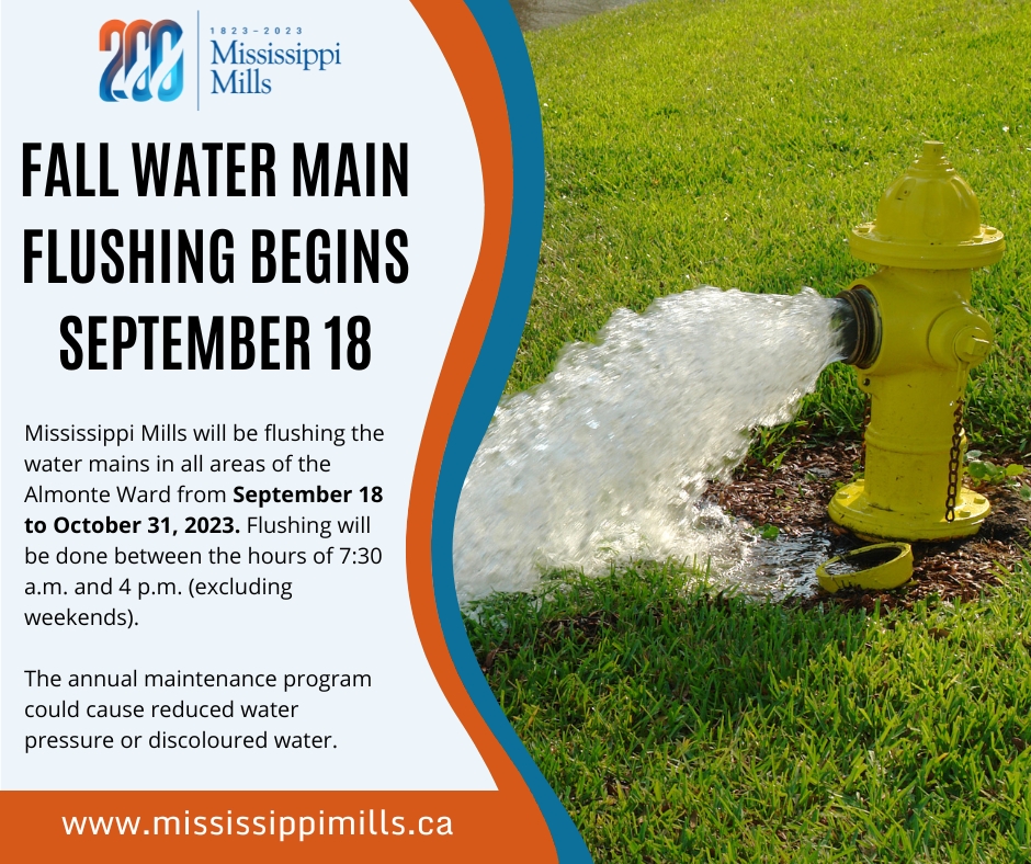 White, orange and blue graphic with black text reading 'Fall Water Main Flushing Begins September 18.' Next to the text is a photo of a yellow hydrant with water gushing from it onto green grass