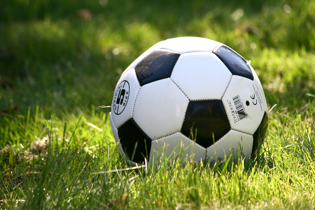 black and white soccer ball sits on green grass