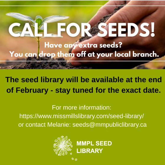 Graphic promoting Mississippi Mills Public Library's call for seeds for their seed library