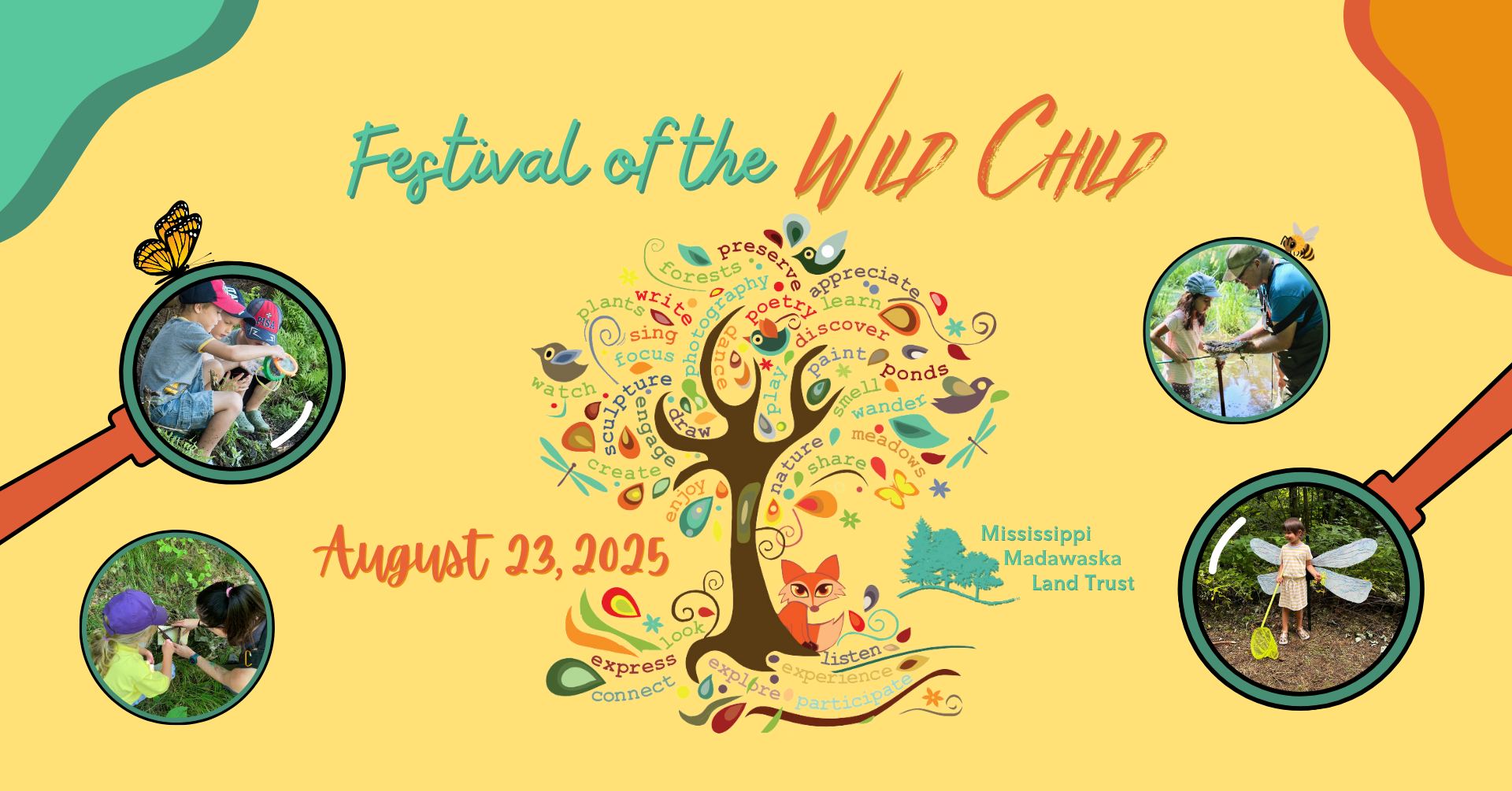 Yellow, orange, blue and green graphic promoting Festival of the Wild Child