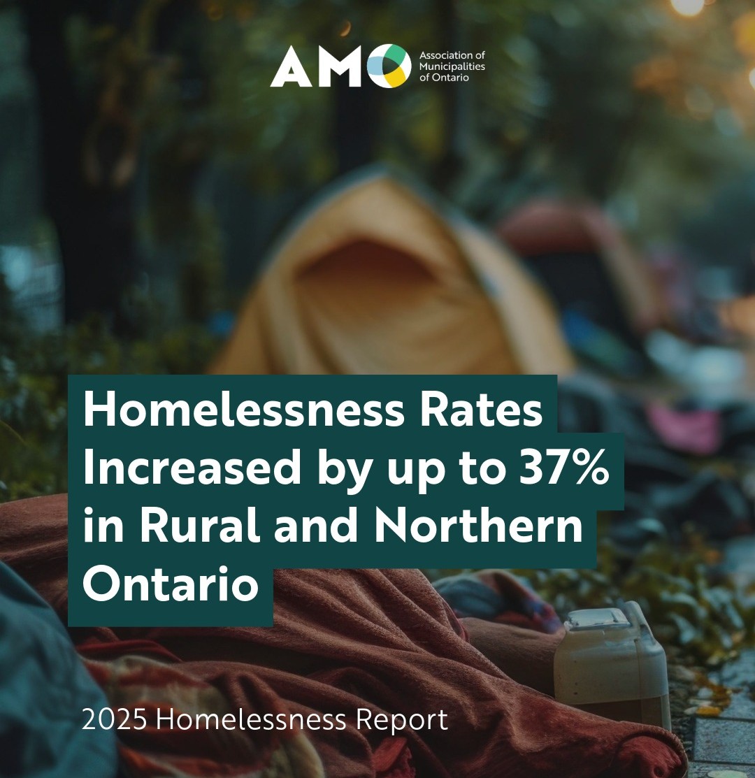 Photo of tents set up outside with the text 'Homelessness rates increased by up to 37% in rural and northern Ontario'