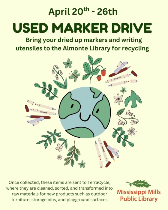 Graphic promoting Used Marker Drive from April 20 to April 26 at the Almonte Branch of the Mississippi Mills Public Library