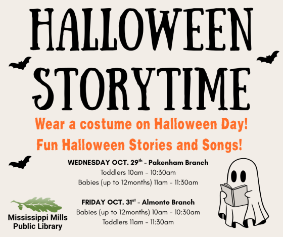 Graphic promoting Halloween Storytime at Mississippi Mills Public Library