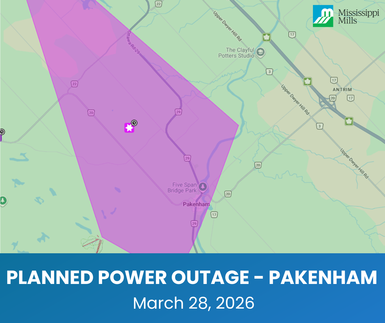 Map of an area highlighted in purple with the text 'Planned Power Outage - Pakenham, March 28, 2026'